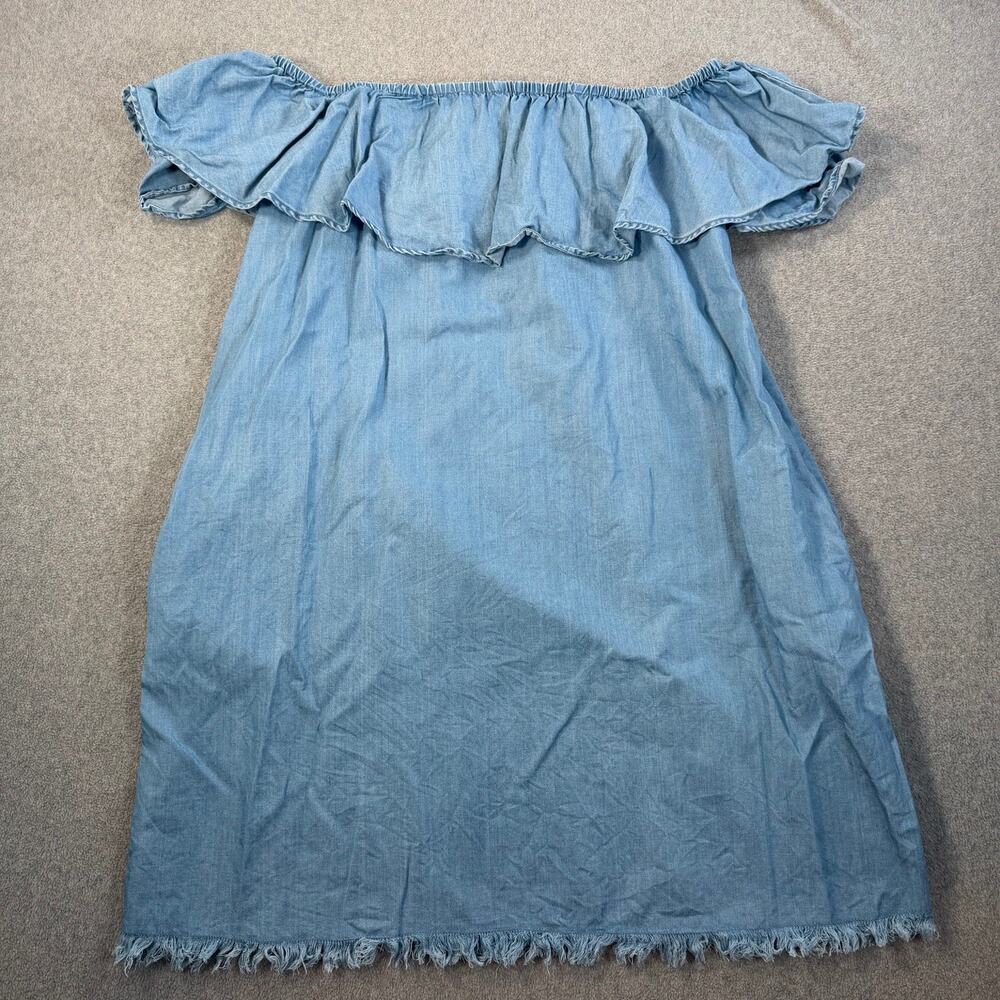 Beachlunchlounge Women's XL Off Shoulder Chambray Dress Blue Ruffle Frayed Hem